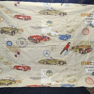 Waverly Vintage Sports Car Print Fabric in Red, Blue, Olive on Cream
